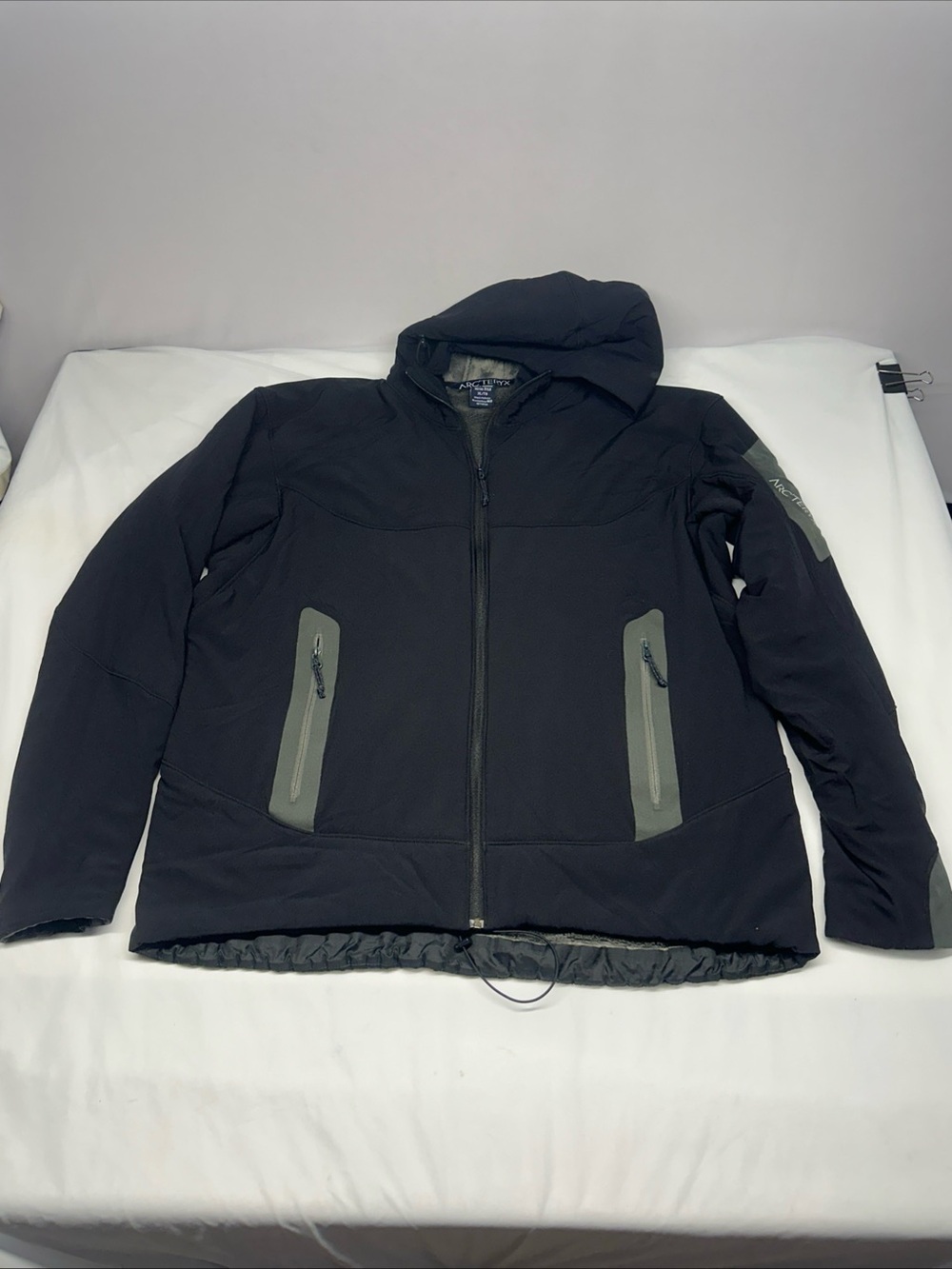Arc'teryx Black Hooded Performance Jacket with Olive Pocket Panels